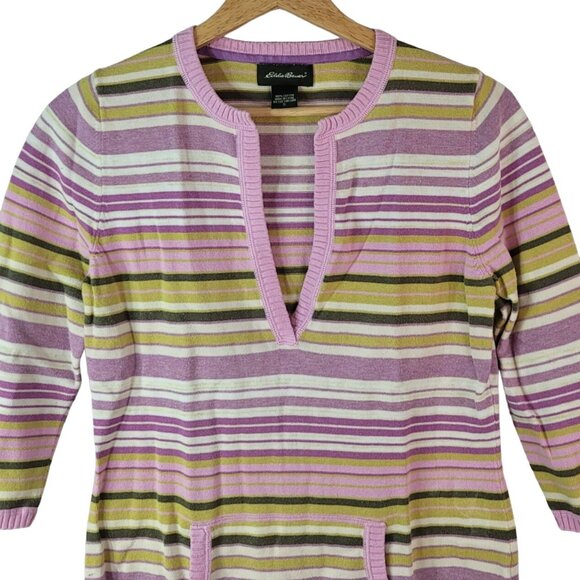 2/$15 Eddie Bauer Womens Sweater Purple Small V Neck 3/4 Sleeve Pocket Striped - Picture 2 of 6